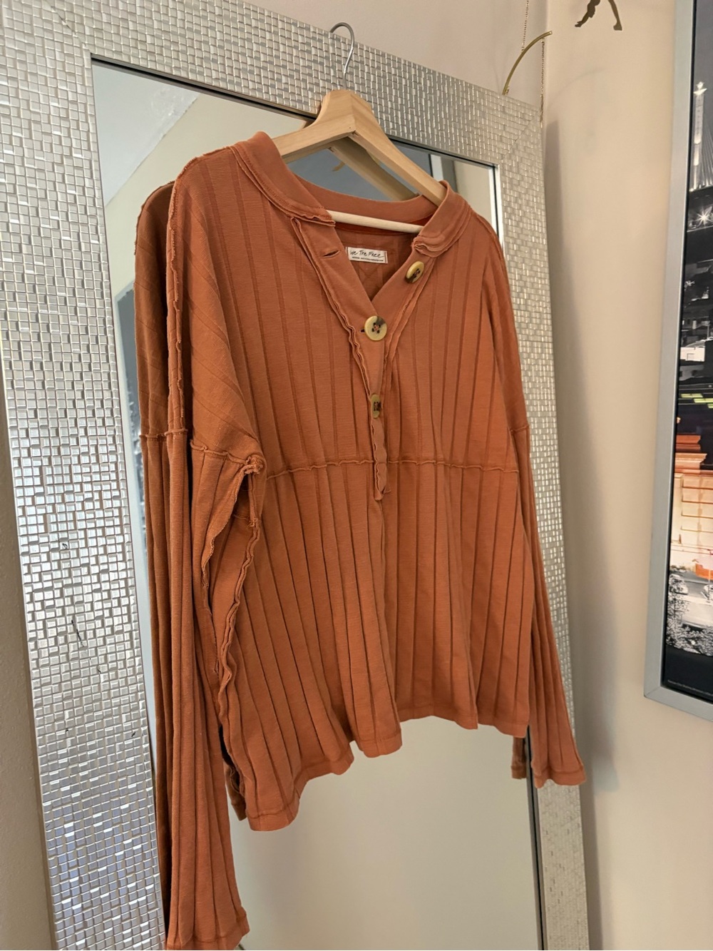 We The Free Relaxed Ribbed Henley Top in Rust